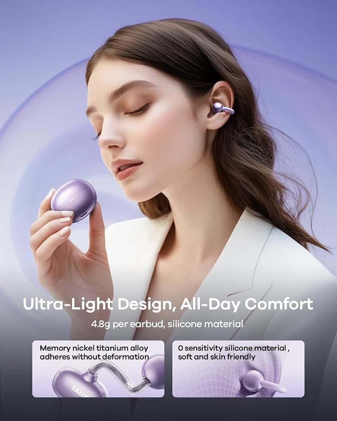 TALIX Ultra Open Ear Earbuds X6, Clip-On Headphone with Directional Sound, Ultra-Light Comfort Fit, Bluetooth 5.4 Wireless Earbuds, 26H Playtime, Spatial Sound, for Running, Workout& Daily Use(Purple)