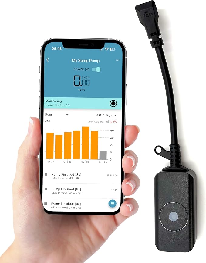 Sump Pump Monitor & Alarm (Outdoor) – Prevent Flooding with Dry Run, Overload and Power Outage Alerts – No Water Level Sensors Needed, Smart Wi-Fi Energy Monitoring Plug