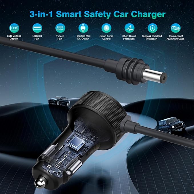 3 in 1 Satellite Car Charger DC Power Cable, 12V-48V Car Charger with Cigarette Lighter Adapter, Digital Display USB C PD 140W & USB A 35W Ports for Trucks Cars (10FT/)