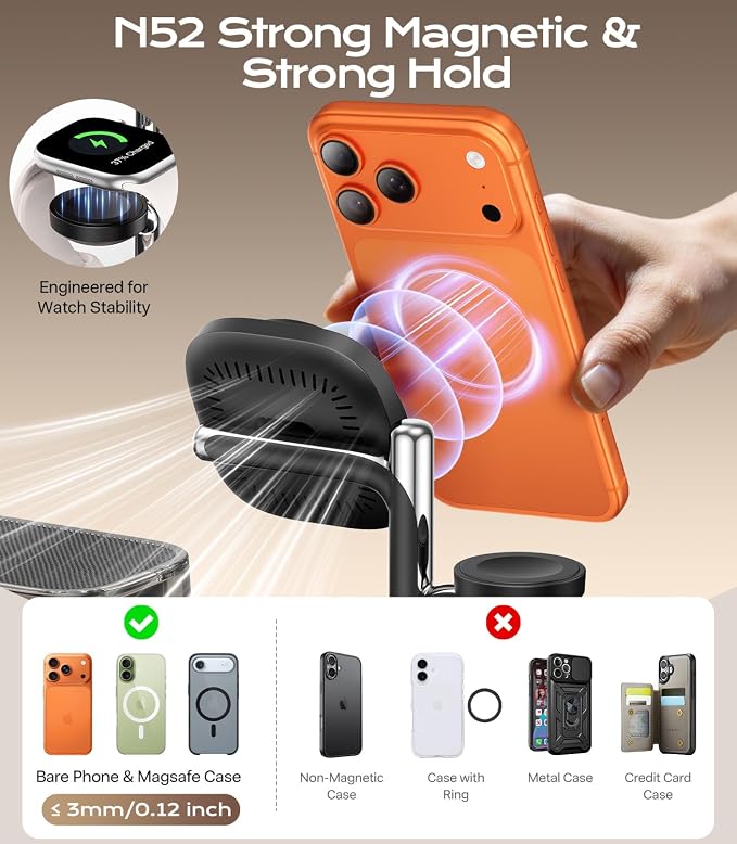 Meifigno 45W 5 in 1 Charging Station with Bluetooth Speaker and Alarm Clock & Night Light, Qi2.2 25W Fast Wireless Charger for MagSafe Charger for iPhone 17/16, Charger Stand for Apple Watch & AirPods