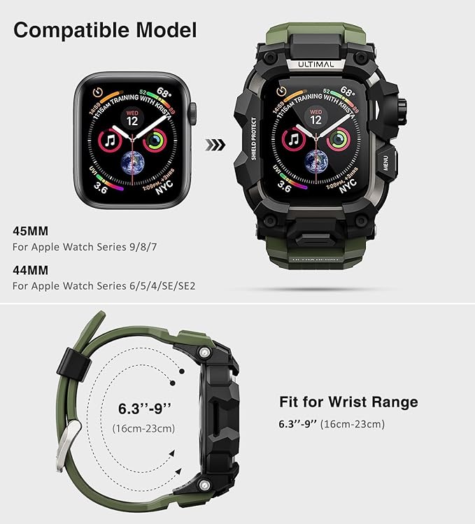 ULTIMAL Rugged Case with Band for Apple Watch Band 45mm,Compatible with Apple Watch Series 9/8/7 45mm,Military Grade Shockproof Bumper Cover for iWatch Tactical Band Men (Army Green, 45mm)