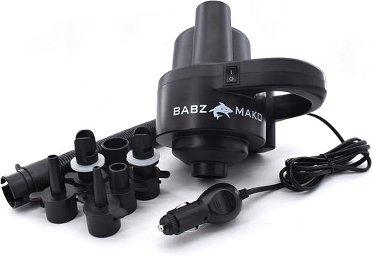BABZ Mako 12V Electric Air Pump with 6 Nozzles for Inflatables, Balls, Pools, Air Mattresses, and More, Extra Long Flexible Hose, 6 Attachments