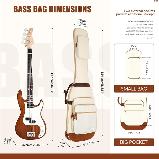 Bass Guitar Bag 0.5 Inch Padding Bass Guitar Case, Bass Electric Guitar Gig Bag Backpack with Neck Strap and 4 Pockets, White