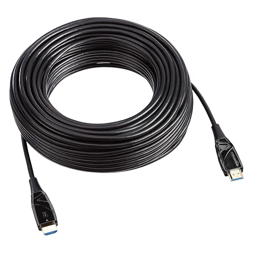 Amazon Basics HDMI Fiber Optic Cable, 18Gbps High-Speed, 4K@60Hz, 2160p, 48-Bit Color, Gold Plated, Slim and Flexible, Audio Return, Ethernet Ready, for Gaming Consoles, 100 ft, Black (Pack of 2)