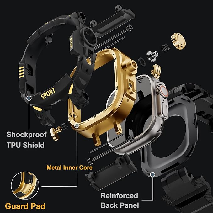 DABAOZA Rugged Case with Band Screen Protector Compatible with Apple Watch 49mm, for iWatch Ultra 3/2/1,Military Grade Shockproof Bumper and Men's Tactical Heavy Duty Strap(Black/Gold,49MM)