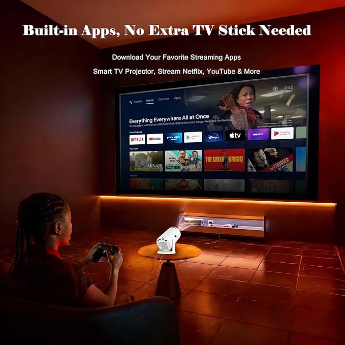 Smart Short Throw Projector with WiFi and Bluetooth, 210° Rotatable Mini Projector with Android System, Built-in Apps, Auto Keystone, Portable Ceiling Movie Projector for Bedroom & Outdoor Use