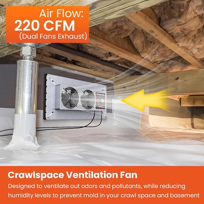 Abestorm Crawlspace Ventilation Fan with Humidistat, Basement Vent Fans with Dehumidistat & Freeze Protection Thermostat, Dual Air Vent Fan for Basement/Kitchen (220 CFM Airflow)