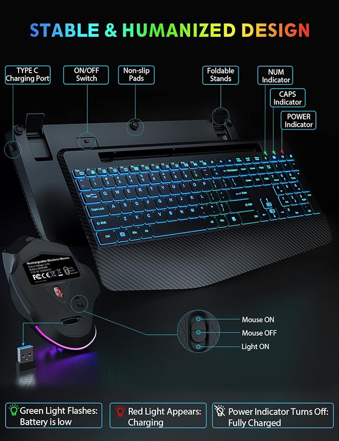 Wireless Keyboard and Mouse Backlit, Wrist Rest, LED Mouse, Rechargeable Ergonomic Keyboard with Phone Holder, Silent Light Up Combo for Computer, Mac, PC, Laptop, Chromebook - SABLUTE KM22 Ultra+