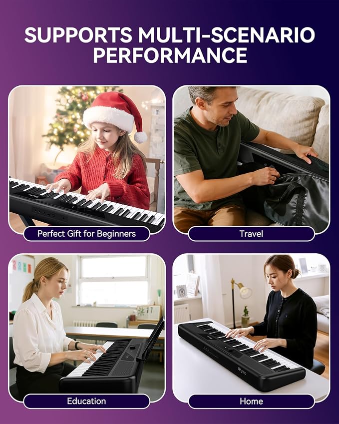 Rhymo 61-Key Velocity-Sensitive Lighted Piano Keyboard, 10W Dual Speakers, Dynamic Touch Sensitive Keys, Bluetooth & App-Enabled for Beginner Adults Kids