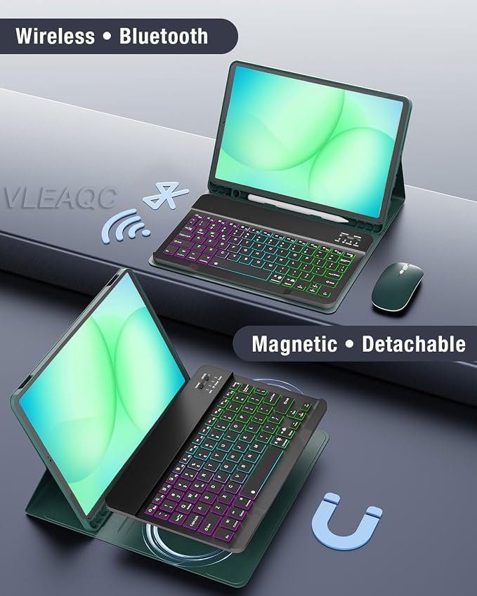 Keyboard Case for Samsung Galaxy Tab A11 Plus 11 Inch 2025/ A9+ Plus 2023 Tablet, Detachable Rainbow Backlit Wireless Keyboard and Mouse, Slim Stand Cover with S Pen Holder (Green)