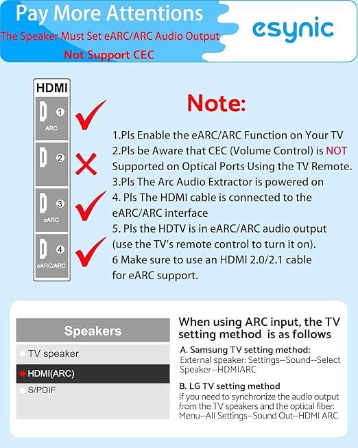 eSynic Professional 192KHZ eARC to Optical Converter-5 ft Long Compact Cable Design-USB Power ARC Audio Extractor-Plug & Play-Dolby5.1 & DTS 5.1 Formats-from HDTV ARC/eARC Ports to Optical Soundbar