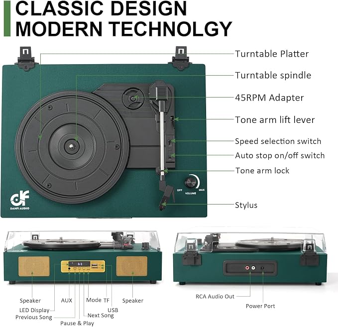 Vinyl Record Player with Enhanced Speakers, Wireless Bluetooth Playback, USB/SD Recording, 3-Speed Belt Drive Turntable, Vintage LP Player Support RCA Output AUX Input EQ,Dark Green