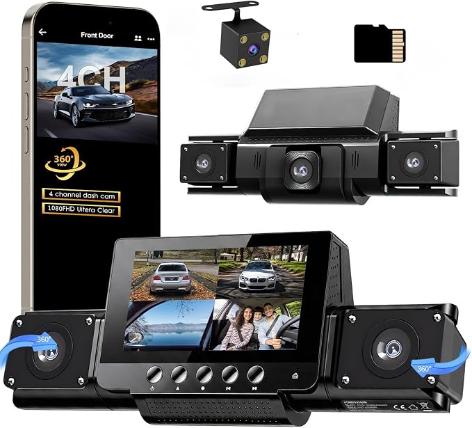 4 Channel Dash Cam Front and Rear with 360° View for All-Round Protection, 4-Way Recording, Built-in 5G WiFi & GPS, APP Control, 8 IR LEDs, 24H Parking Monitor, G-Sensor, Free TF Card (32, GB)
