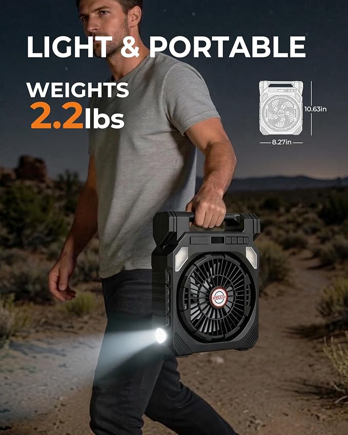 22000mAh Camping Solar Fan, 10" Dual-Panel Rechargeable Solar Powered Fan with LED Light and Arc Flashlight, LED Digital Display, 180° Swivel Oscillating, Portable Table Fans for Picnic, Barbecue