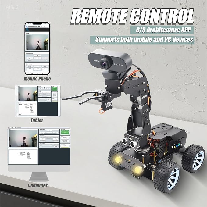 Adeept PiCar Pro V2 Robotics Kit(Raspberry Pi NOT Included), Smart Car with 4-DOF Robotic Arm for Pi 5/4/3, 1080P HD Camera, OpenCV, Obstacle Avoidance, Line Tracking, USB-C Charging, Digital Tutorial