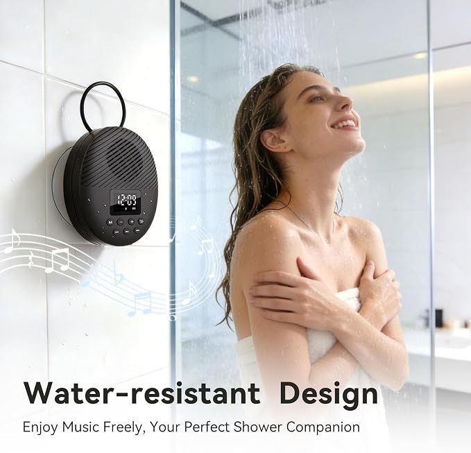 Shower Radio Speaker with Bluetooth 5.4, AGPTEK Waterproof Wireless Bathroom FM with Suction Cup 12H Long Playback Time, Lanyard, LCD Screen Display, Handsfree Calling, Storage Card Playback (Black)