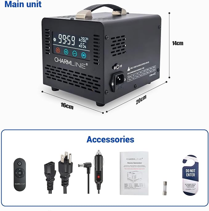 Charmline 2-in-1 Smart Ozone Generator with Remote Control, Powered by AC or 12V Car Cigarette Lighter, Odor Eliminator for Car, Room & Basement, 60,000 mg/h, Black