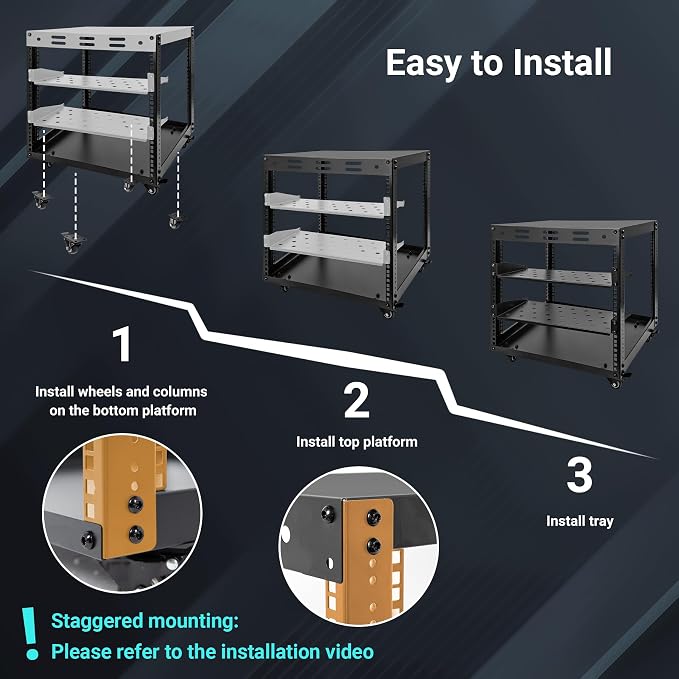 Upgraded 10U Server Rack - 19.7”L x 18.8”W x 23.4”H Open Frame Network Rack, Wall-Mountable & Freestanding with 4 Swivel Casters & 2 Shelves, for Computer/Data/IT/Stereo Equipment, New Model
