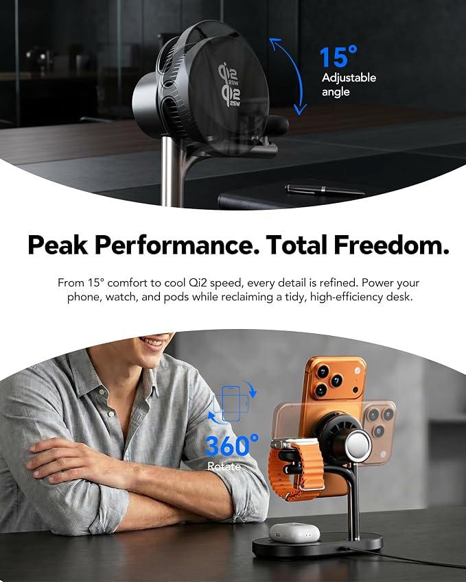 Qi2.2 25W 3 in 1 Wireless Charging Station with TEC Active Cooling Mag-Safe Charger Stand,Magnetic Qi 2 Wireless Charger for iPhone 17-8,Galaxy S26/S25/S24,Apple/Samsung Watch,Pods/Buds(45W Included)