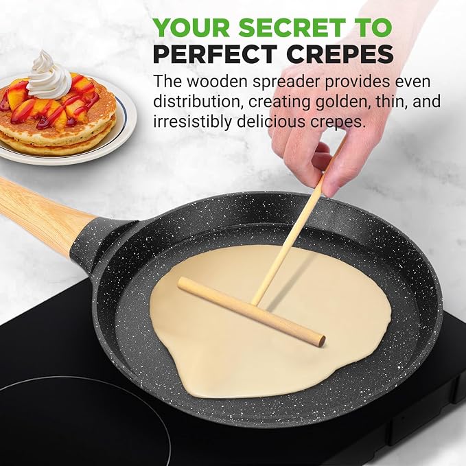 NutriChef 2-Pack Non-Stick Crepe Pan Set – 11” Marble Coated Dosa Pans with Wooden Spreaders, Bakelite and Wood Handles, Induction-Compatible, Easy-to-Clean, Stain-Resistant (Black Marble)