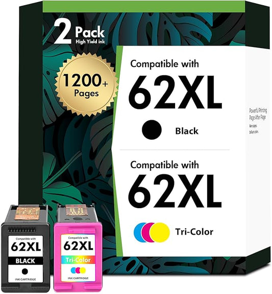 62XL 62 Envy 7640 Ink Cartridges Black and Color Combo Pack Replacement for HP 62 XL Ink Compatible with Envy 5660 5740 7645 5540 5746 OfficeJet 250 200 Printer(2-Pack,1 Black 1 Tri-Color)