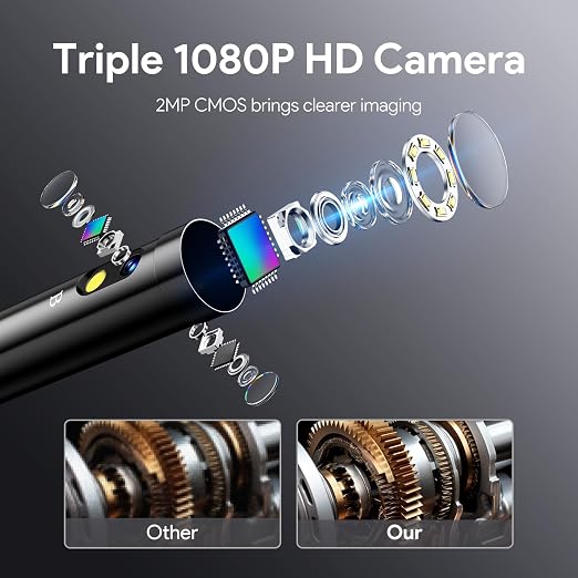 DEPSTECH Inspection Endoscope Camera with Lights: Triple Lens 5" IPS Screen Snake Camera with 16.5FT Flexible Cable, Waterproof 1080P Industrial Borescope Tool for Auto, Wall, Sewer, Pipe, Mechanics
