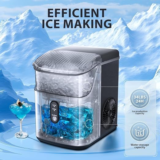 Antarctic Star Nugget Ice Maker Countertop, Chewable Nugget Ice Machine with Automatic Cleaning, Fast Ice Making 34Lbs/24H, One Click Operation for Party/Home/Bar/RV(Black)
