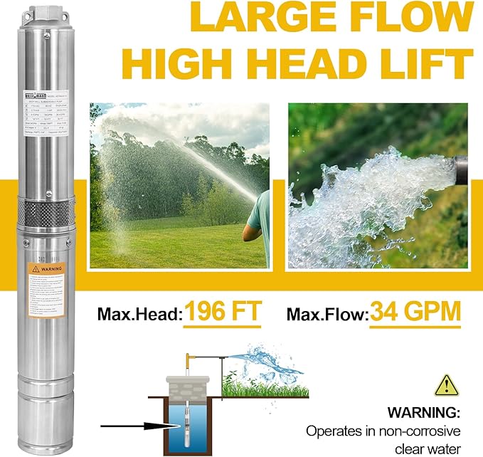 WASSERMANN 4" Deep Well Submersible Pump with 10FT Cable,1HP,115V/60HZ,34GPM,196FT Head,Stainless Steel Single-Phase Water Well Pump for Cities Farmland Irrigation and Home Use