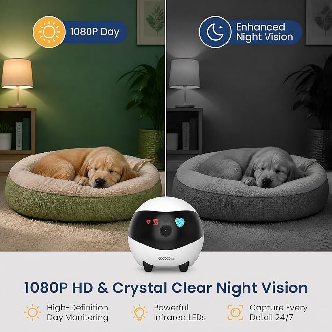 Enabot EBO SE FamilyBot Pet Camera Robot - 1080P HD Indoor Movable Home Security Camera with Auto-Recharge, Night Vision, 2-Way Talk, Local Storage, APP Control,Motion Detection for Dog/Cat Monitoring