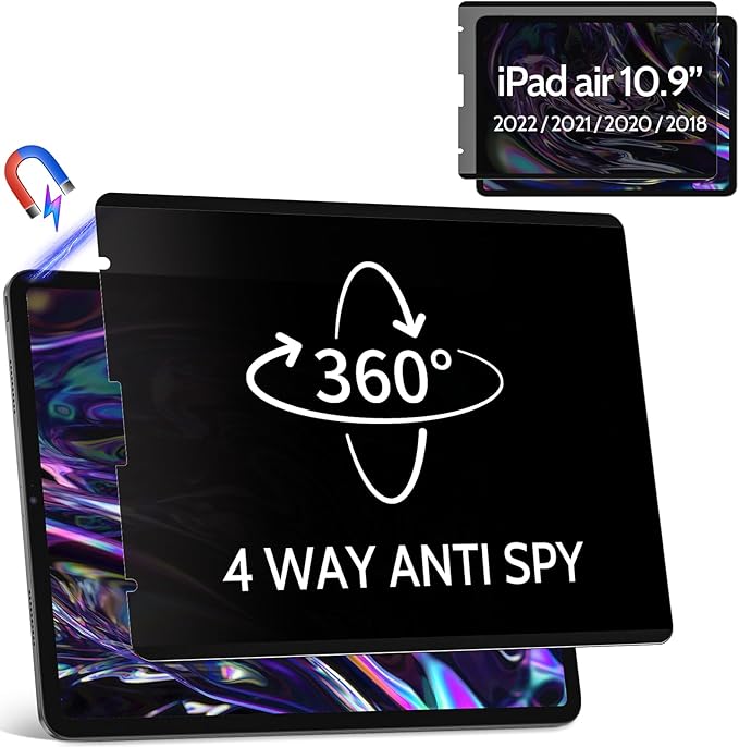 360° Magnetic Privacy Screen for iPad Air 5th 4th Generation 10.9 inch & iPad Pro 11"(2018-2022), 4 Way Privacy Removable Anti Glare Blue Light Filter Shield Film Anti Spy Protector