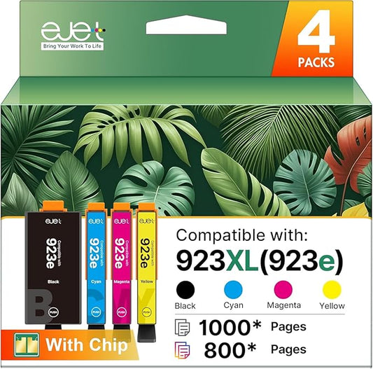 ejet Compatible Ink Cartridge Replacement for HP 923 923XL, 4-Pack Black Cyan Magenta Yellow, High Yield Compatible with OfficeJet Pro 8130e 8120e 8125e 8139e