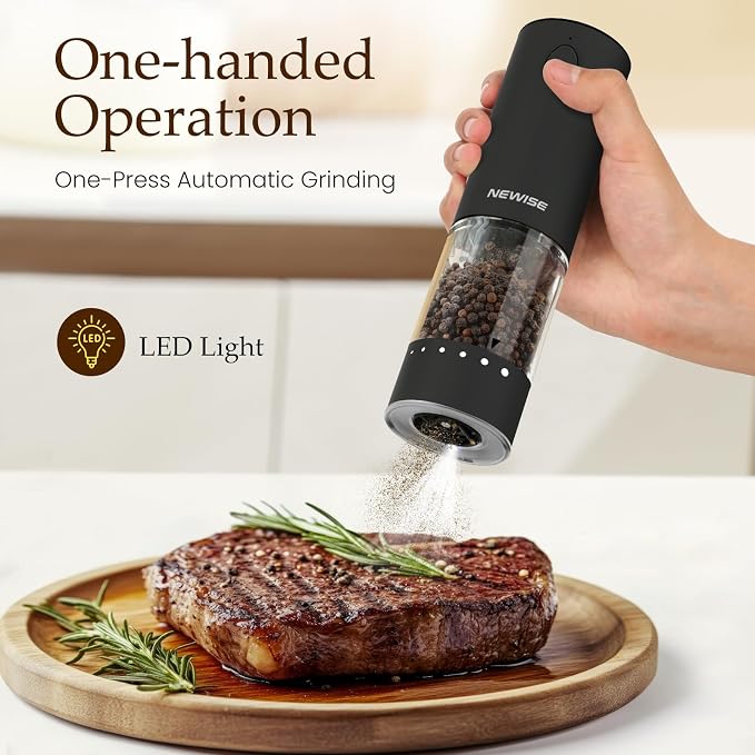 Newise Electric Salt and Pepper Grinder Set, Rechargeable Pepper Mills with LED Light & External Coarseness Adjustment, Kitchen Gadgets for Mom Home Cooks & Families - Black
