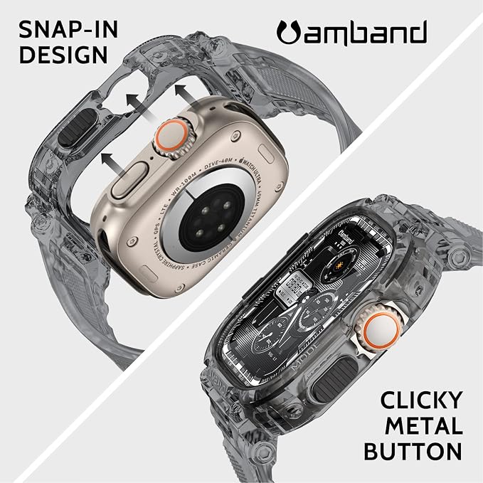 amBand Bands Case Screen Protector Compatible with Apple Watch Ultra 3/2/1 49mm, M1 Sport Series Rugged Cover Strap and 9H Tempered Glass Film, Protective Bumper for iWatch 49 mm Men Crystal Black