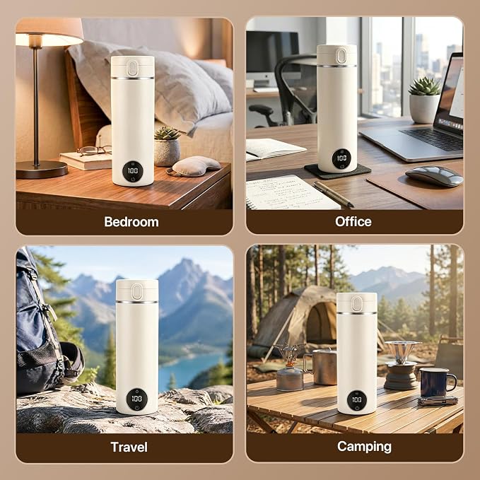 Portable Travel Tea Kettle,6 Preset Temp Plug-in Keep Warm,15 OZ 304 Stainless Steel,Electric Small Hot Water Boiler,Auto Shutoff&Boil Dry Protection,Mini Kettle for Coffee,Tea,Hotel RV Travel,Beige