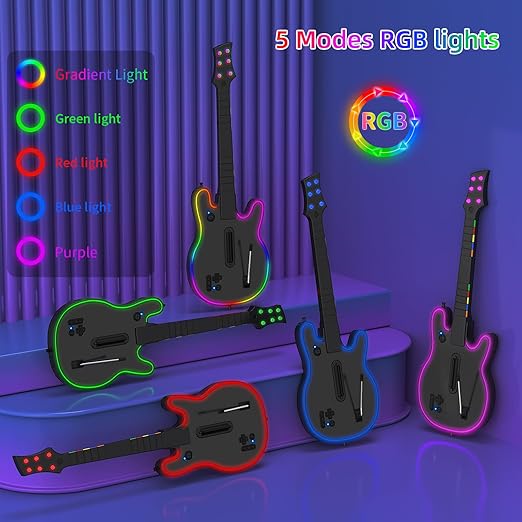 JJDWIN Wireless Guitar Hero Controller for PS4/PS3/PC with RGB Light, Rock Band & Clone Hero Games, Fortnite Festival with Strap & Wireless Dongle,Black