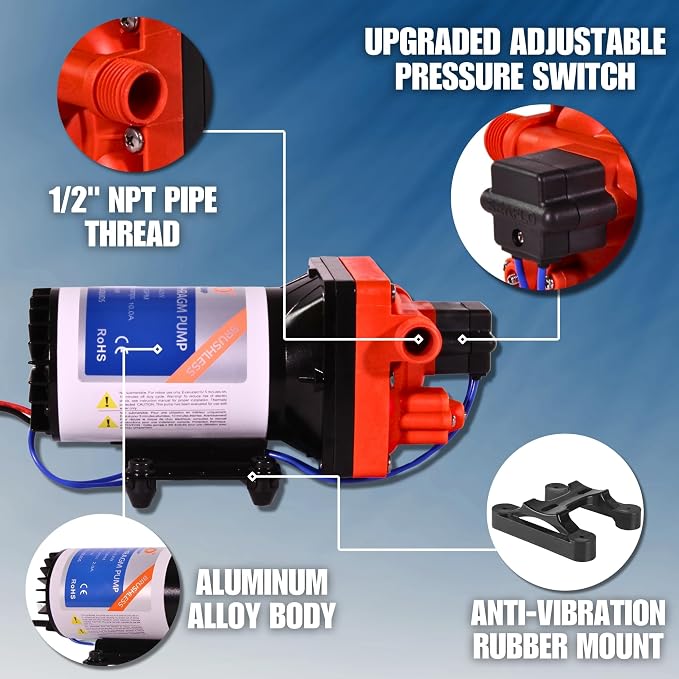 SEAFLO 42W Series 12V DC, 4.0 GPM, 55 PSI Brushless Automatic Demand Diaphragm Water Pressure Pump – Ultra Quiet Operation, Self-Priming, Overload Protection, NSF & UL Certified- 4 Year Warranty!