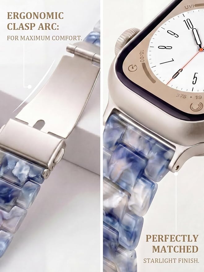 V-MORO Resin Bands Compatible with Apple Watch Series 11/10/9/8/7 Band 45mm 46mm Starlight Buckle Lightweight Fashion Strap Bracelet for iwatch Series SE/6/5/4/3/2/1(Pearlized Blue,42/44/45/46/49mm)