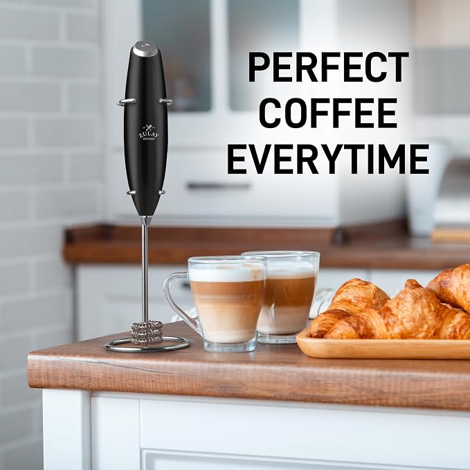 Zulay Kitchen Powerful Milk Frother Wand With Duracell Batteries - Ultra Fast Handheld Drink Mixer - Electric Whisk Foam Maker for Coffee, Lattes, Cappuccino & Matcha - Triple Whisk - Quartz Obsidian