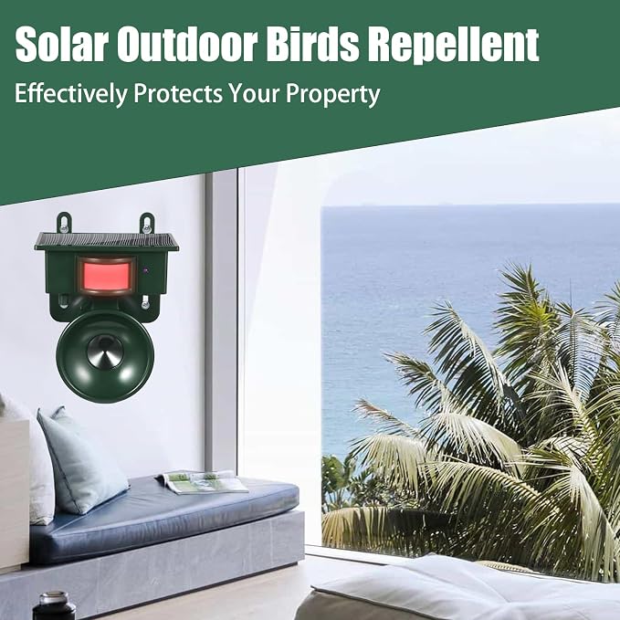 2026 Upgraded Ultrasonic Bird Repeller Solar Powered Outdoor Motion Activated Bird Pigeon Deterrents for Outside Woodpecker Goose Repellent Devices for Rooftops Porch Patio Balconies