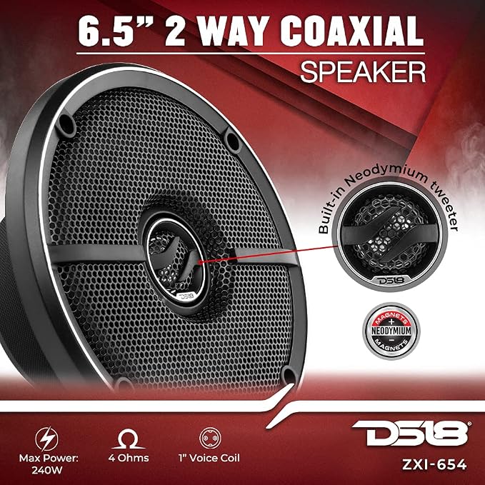 DS18 ZXI-654 6.5" Car Audio Coaxial Speaker with Built in Neodymium Tweeter and Kevlar Cone – 2 Way 240 Watts Max 4 Ohm (2 Speakers)