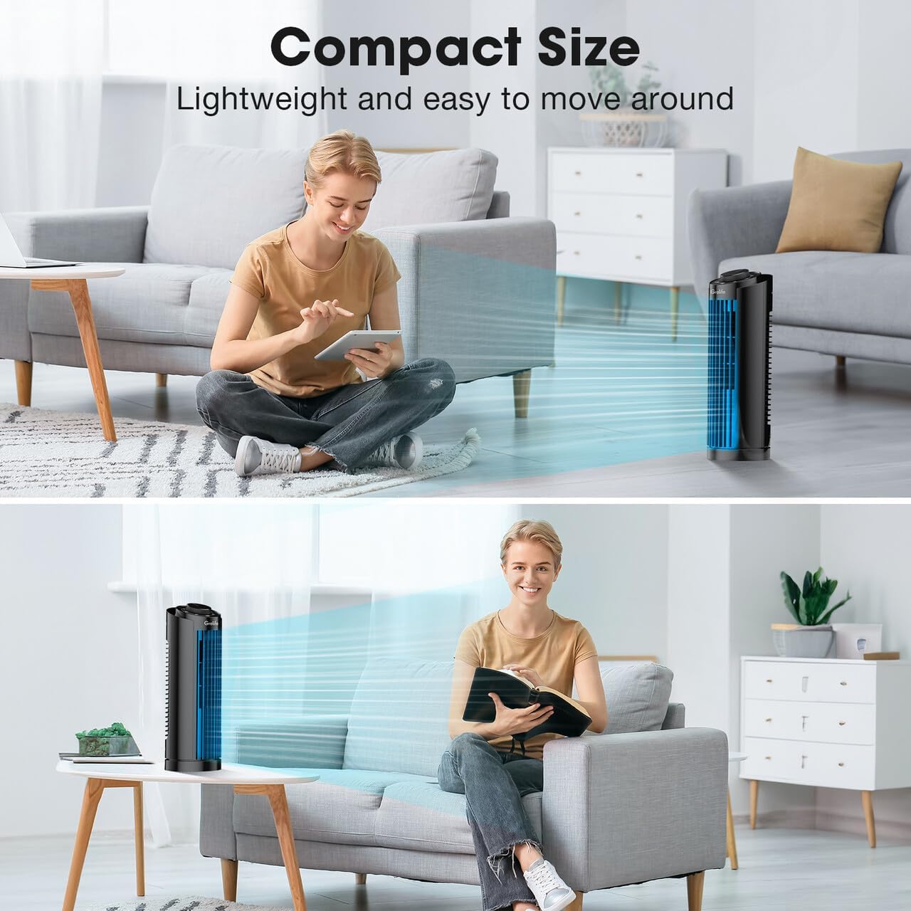 Grelife 13" Electronic Tower Fan with Remote Control, 3 Speed & 3 Modes, 90° Oscillation, LED Display, 7.5H Timer, Quiet Bladeless Cooling – Portable Space-Saving for Bedroom Office, Home