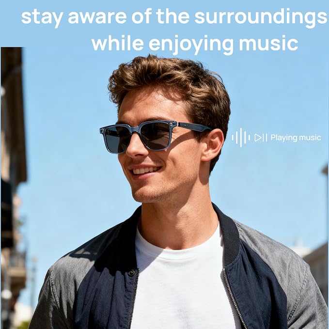 Smart Bluetooth Glasses, Sunglasses with UV and Blue Light Protection, AI Real-time Translation with 140 Languages, Touch Control, Music & Call for Athletic/Outdoor, Unisex (Blue)
