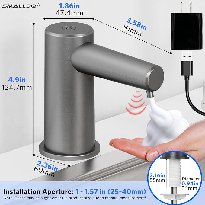Automatic Sensor-Activated Built-in Foam Soap Dispenser for Kitchen Sinks, Plug-in Power Supply, Includes a 38-inch Silicone Extension Tube. Designed for Kitchens and Bathrooms (Dark Gray)