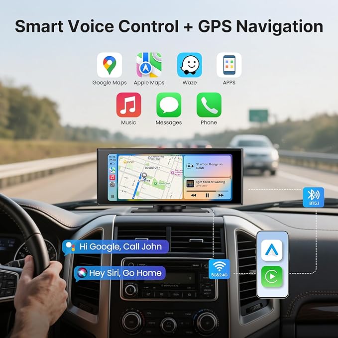 WonVon Wireless Car Play Screen, 10.26'' Monitor with Apple Carplay & Android Auto, 4K Portable Smart Touch Tablet Stereo Multimedia Dashboard, Bluetooth/FM/GPS/AUX