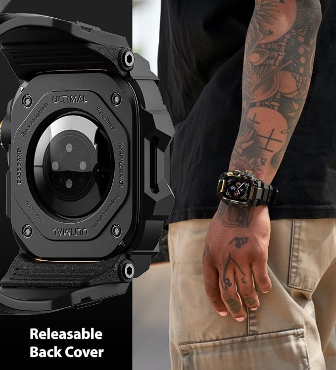 ULTIMAL Rugged Case with Band for Apple Watch 44mm,Compatible with Apple Watch Series SE 3/SE 2/SE Generation/6/5/4, Military Grade Shockproof Bumper Cover for iWatch Tactical Band Men (44mm,Gold)