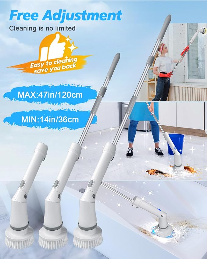 Electric Spin Scrubber Cordless,Power Scrubber Shower Cleaning Brush 400rpm,Bathroom Scrubber with 6 Replaceable Drill Brush Head, Adjustable Long Handle IPX6 for Clean Tile Tub Grout Toilet Car