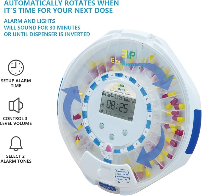 EziMedPil WiFi Automatic Pill Dispenser with Caregiver Alerts for Seniors | Real-time Caregiver App Monitoring & Adherence History Tracking, 28-Day Organizer with Sound-Light Reminders & Up to 9 Doses