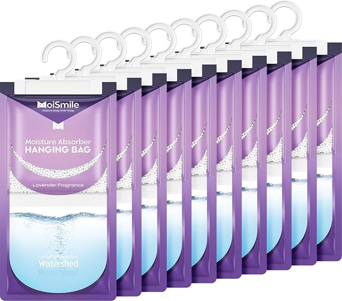 Moisture Absorbers 10 Pack Lavender Fragrance, Hanging Closet Dehumidifier Bags, Humidity Absorber, Compact Eliminates Odors Humidity Packs for Car, Bathroom, Bedroom, Basement, 9.8OZ