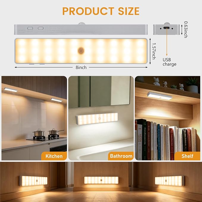 Racokky Under Cabinet Lights with Charging Station, 6 Pcs Rechargeable Motion Sensor Closet Lighting, Dimmable RV Step Lights Stick-Anywhere LED Night Bar for Kitchen, Wardrobe, Stairs(Warm)
