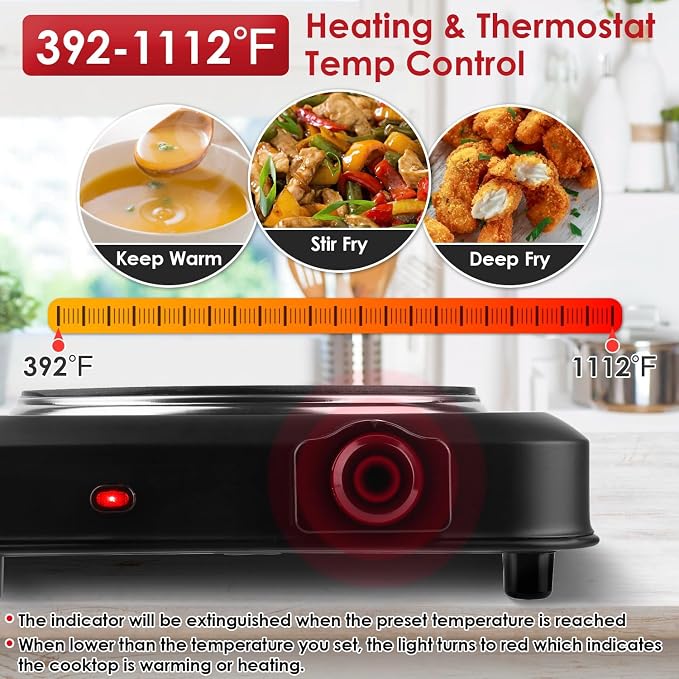 1200W Electric Infrared Single Burner Portable Heating Hot Plate Stove Countertop RV Hotplate with 7.5” Glass Cooktop Stepless Temperature Adjustments for Home RV Camp